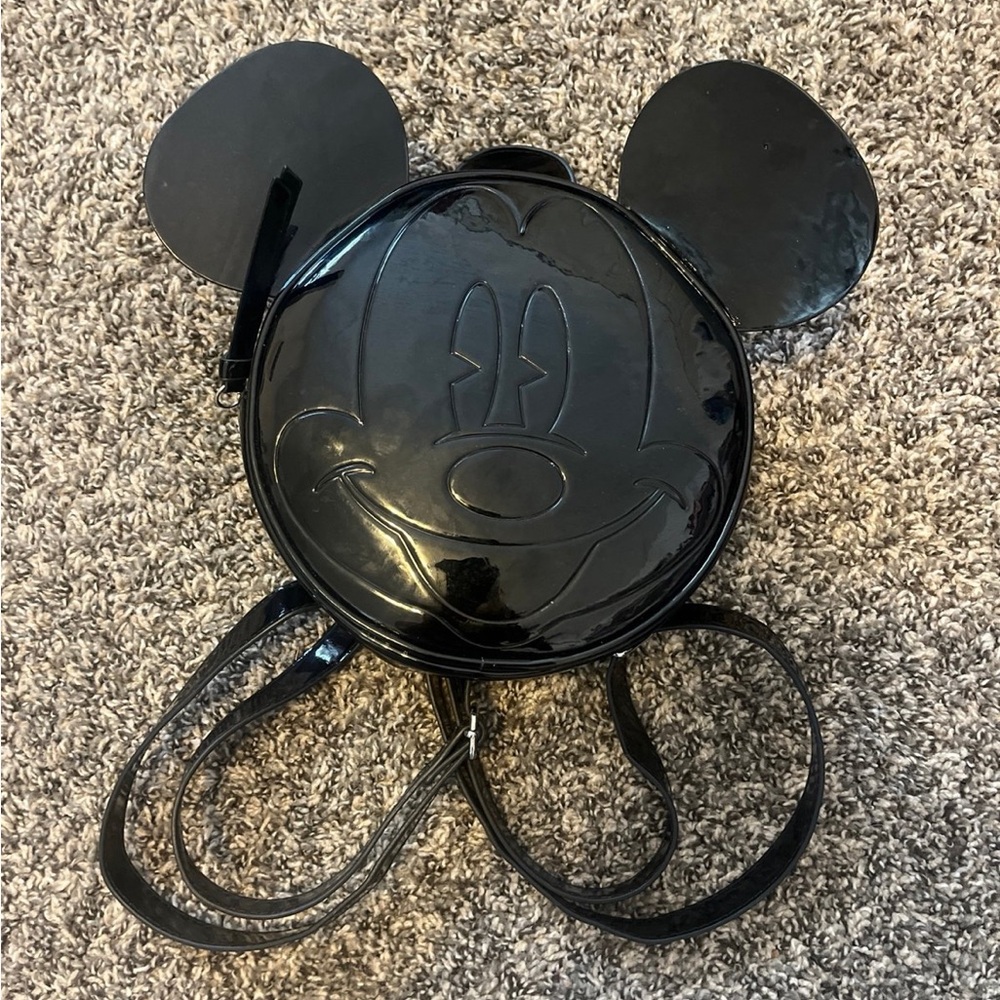 H&M RARE Disney Mickey Mouse Black Faux Patent Leather Round Backpack - Picture 5 of 5